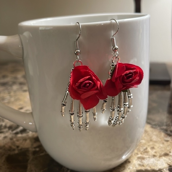 Silver Skeleton Rose Hand Halloween Earrings - Picture 6 of 9
